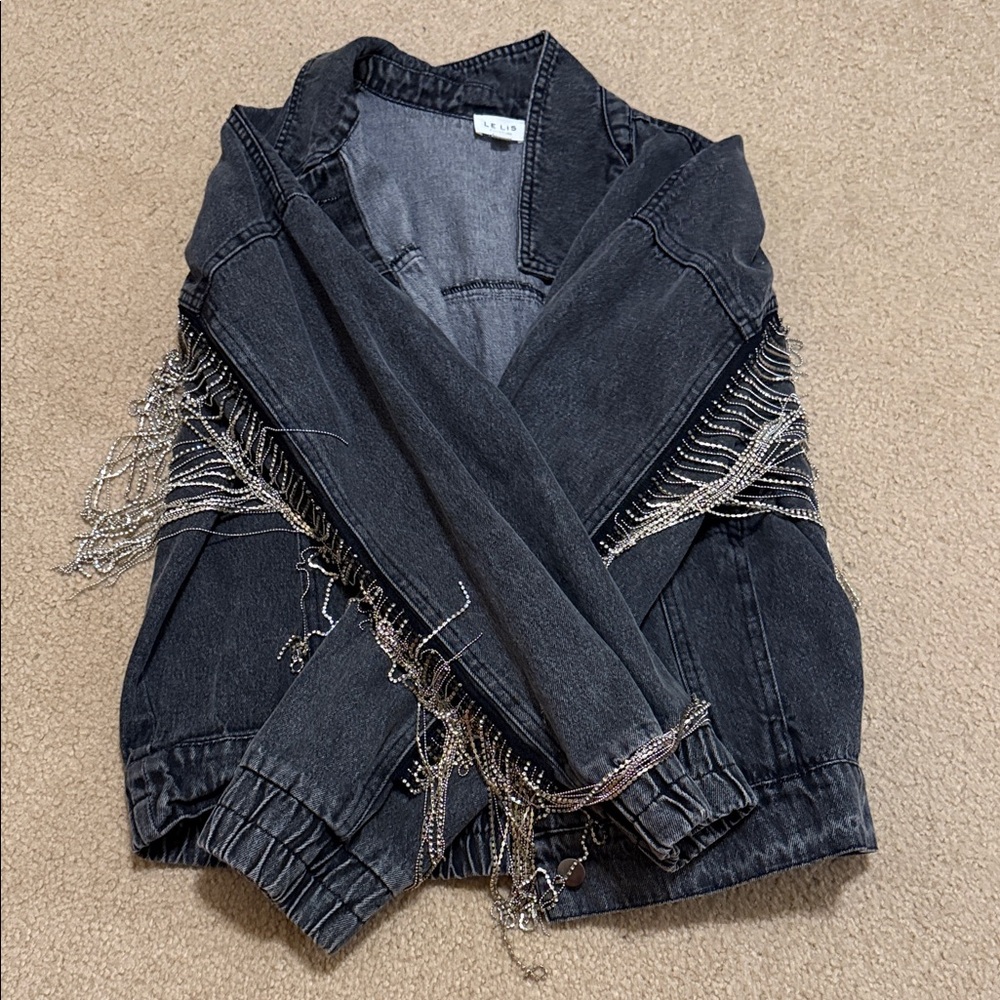 Le Lis Black Denim Jacket with Silver Fringe
